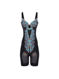 Seamless Full Body Shapewear with Blue Floral Embroidery, Tummy Control Bodysuit for Women