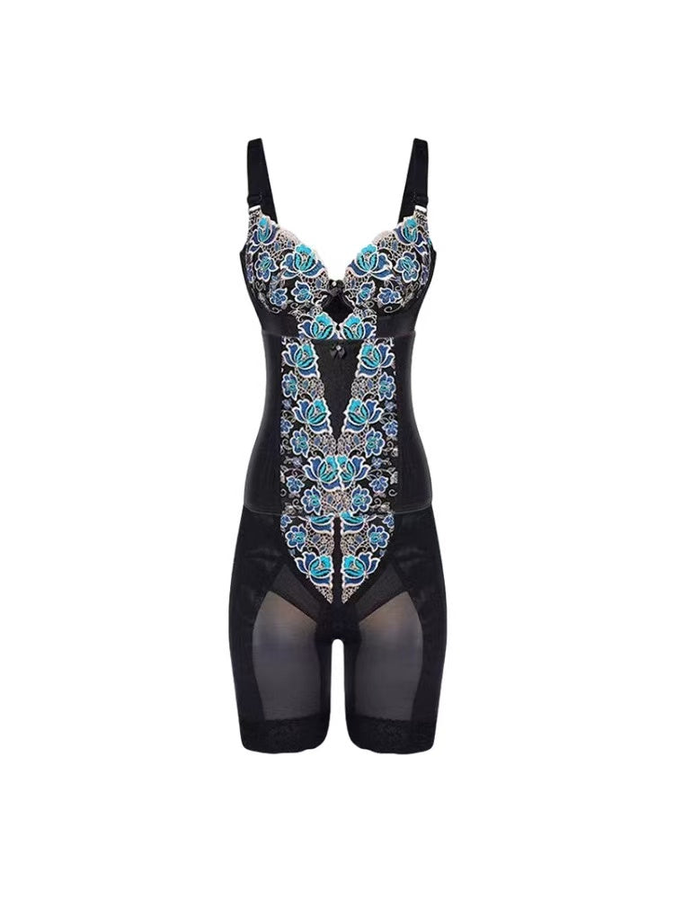 Seamless Full Body Shapewear with Blue Floral Embroidery, Tummy Control Bodysuit for Women
